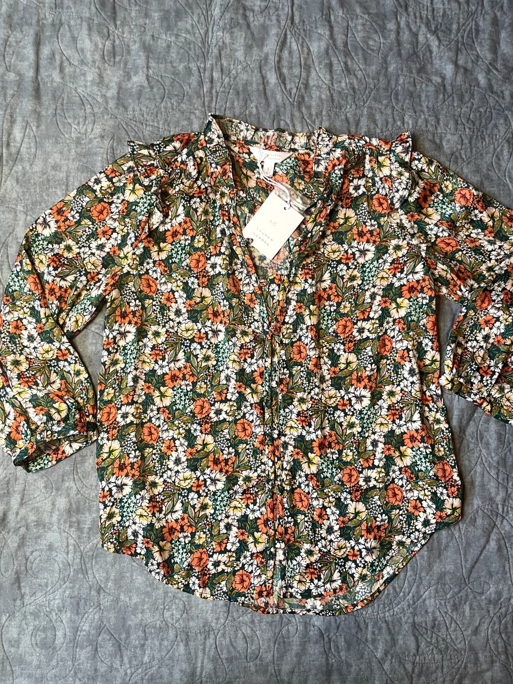   NWT LC Lauren Conrad Teal Green Peach Floral Blouse Top Boho Sm